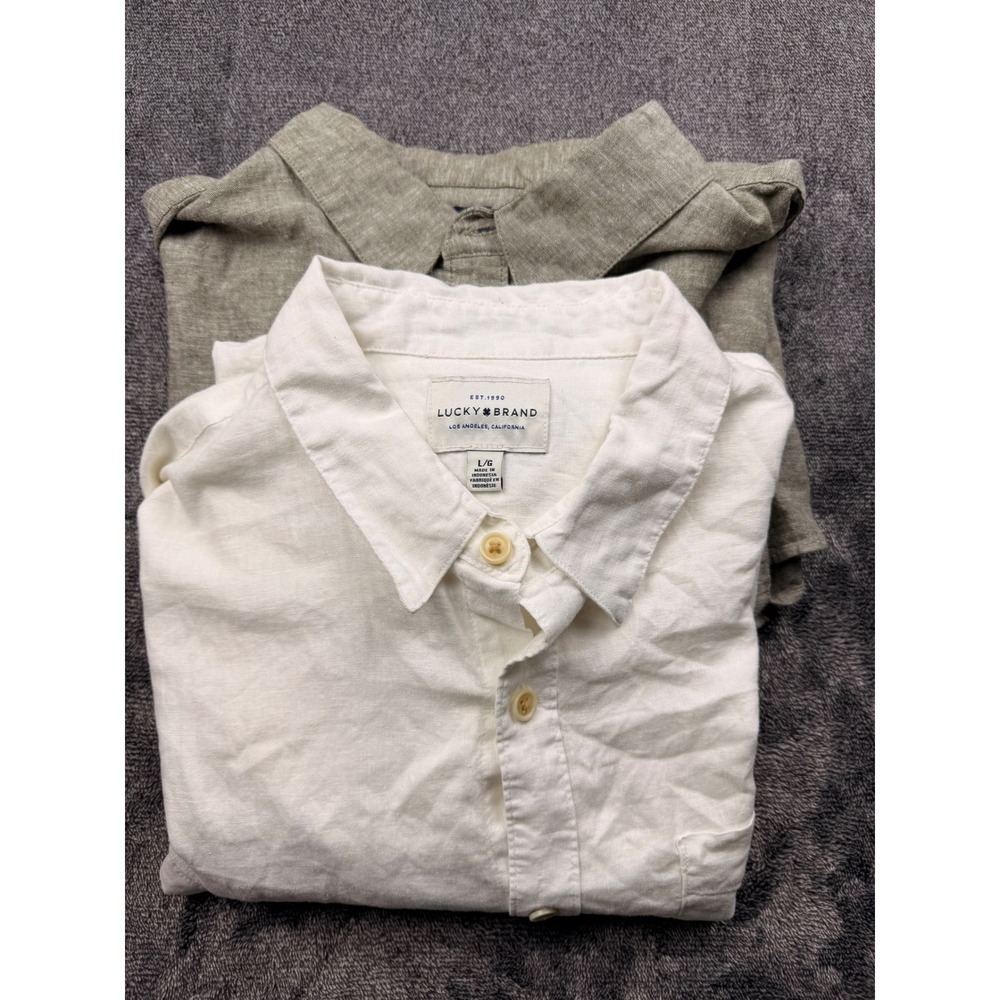 Lucky Brand Mens Linen Blend Short Sleeve Button Down Shirt Bundle White Khaki L